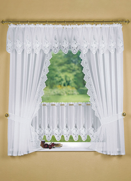 Korta gardiner - Fönsterdekoration med omsorgsfullt Plauener-broderi, i storlek 320 (Set med halsdukar, H100xW70 cm) till 783 (kort jalusi, H44xW300 cm), i färg VIT Utsikt 1
