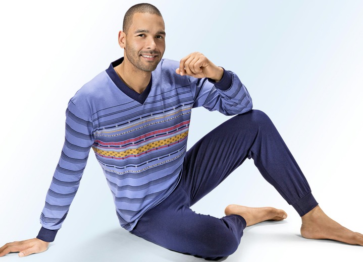 Pyjamasar - Pyjamas med V-ringning, muddar och tryckt mönster, i storlek 046 till 106, i färg DENIM BLÅFÄRGIG