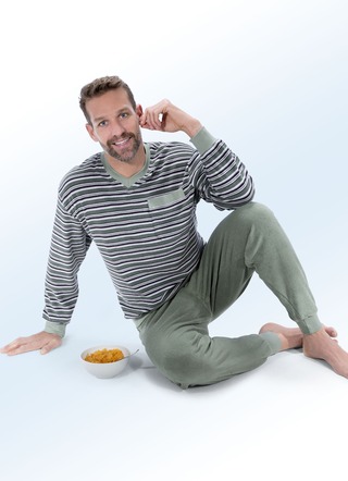 Pyjamas med muddar, V-ringning och garnfärgat randmönster