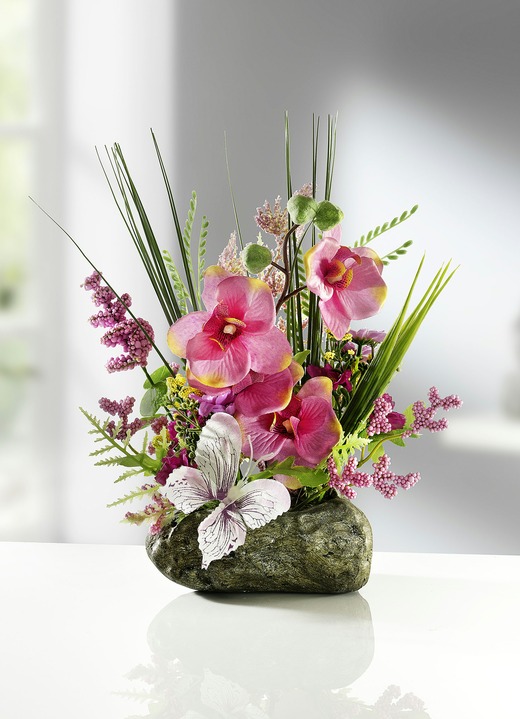 Konstgjorda växter - Orkidéarrangemang på sten, i färg ROSA