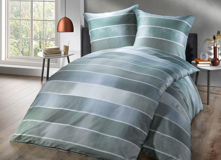 Påslakanset - Sängklädedset med blockrandig design, i storlek 112 (80/80 cm + 135/200 cm) till 115 (80/80 cm + 155/220 cm), i färg JADE Utsikt 1