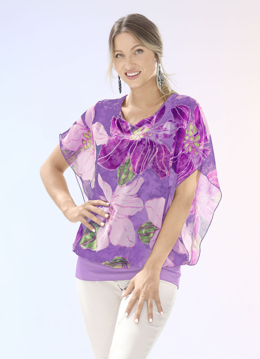 Kort ärm - Skjortblus med chiffong i 2 färger, i storlek 036 till 052, i färg LILA-AUBERGINE-BEIGE Utsikt 1
