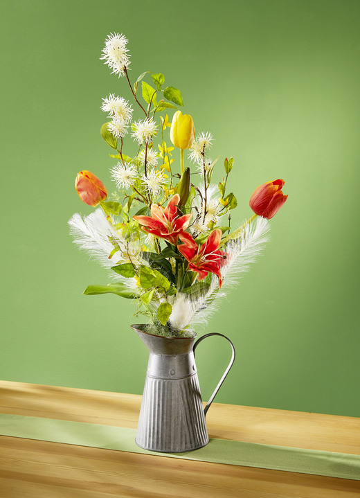Konstgjorda växter - Blomsterarrangemang i kanna, i färg GUL-ORANGE
