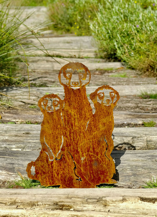 Trädgårdsdekoration - Meerkat trio gjord av specialstål, i färg ROSTA SILVER Utsikt 1