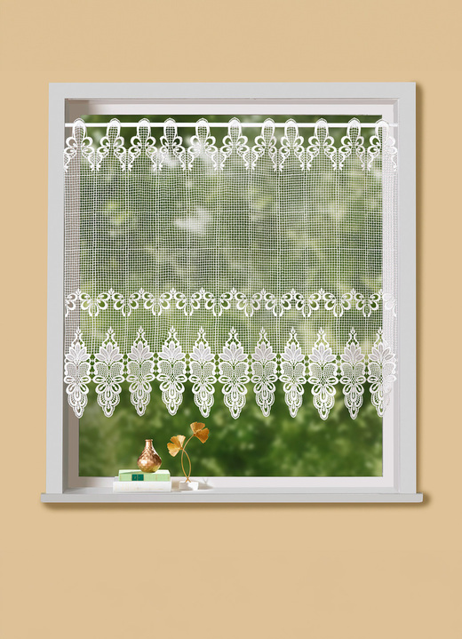 Korta gardiner - Korta persienner gjorda av äkta Plauenspets, i storlek 822 (H35xB 98 cm) till 884 (H72xB147 cm), i färg NATUR Utsikt 1