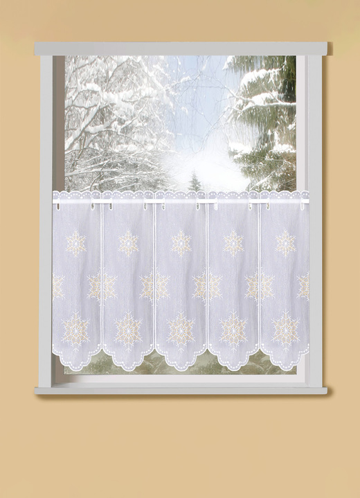 Korta gardiner - Kort gardin snöflinga, i storlek 661 (30x 96 cm ) till 858 (60x128 cm ), i färg VITT GULD Utsikt 1