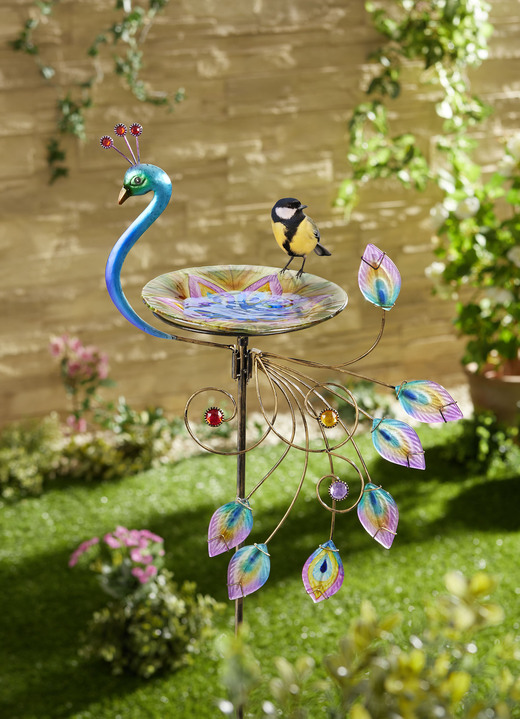 Trädgårdsdekoration - Påfågelformat fågelbad, i färg FÄRGRIK