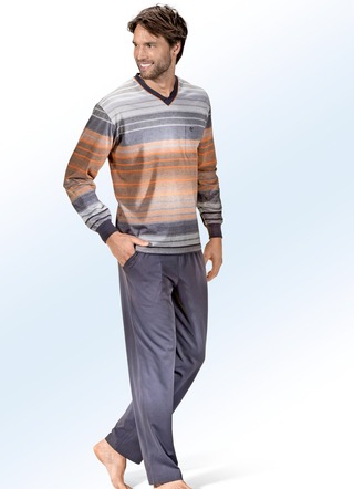 Hajo Klima komfortpyjamas med V-ringning, bröstficka och garnfärgad randig design