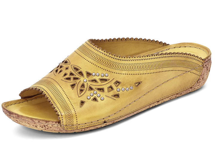 Sandaletter & slip in-skor - Tvillingmulor med fantasifull prägling, i storlek 036 till 042, i färg MAJSGUL Utsikt 1