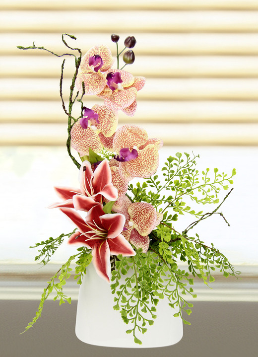 Konstgjorda växter - Charmigt orkidéarrangemang i en vas, i färg ORANGE Utsikt 1