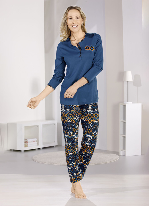 Lång- & kortärmade pyjamasar - Pyjamas, långa ärmar och långbyxor med resår i midjan, i storlek 036 till 058, i färg BENSIN-SVART-ORANGE-BEIGE Utsikt 1