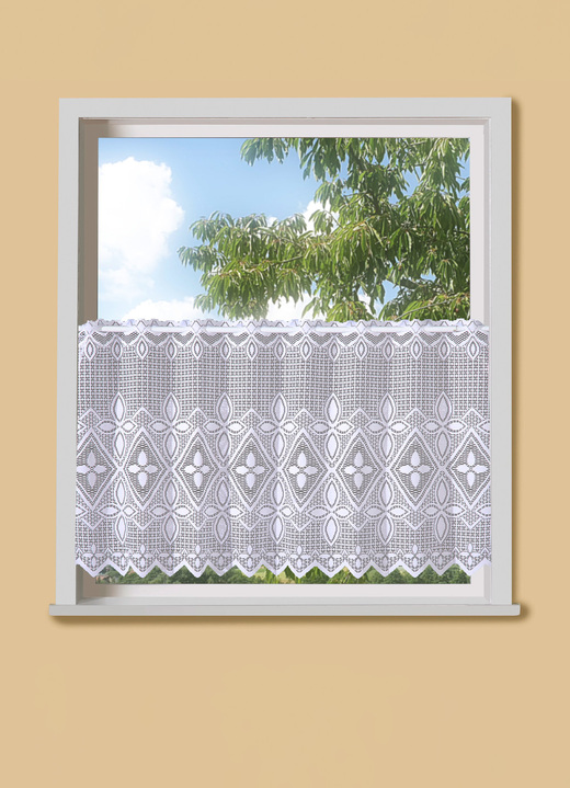 Korta gardiner - Korta persienner med tandade ändar och stånggenomdragning, i storlek 661 (H28xB 95 cm) till 791 (H48xB155 cm), i färg VIT