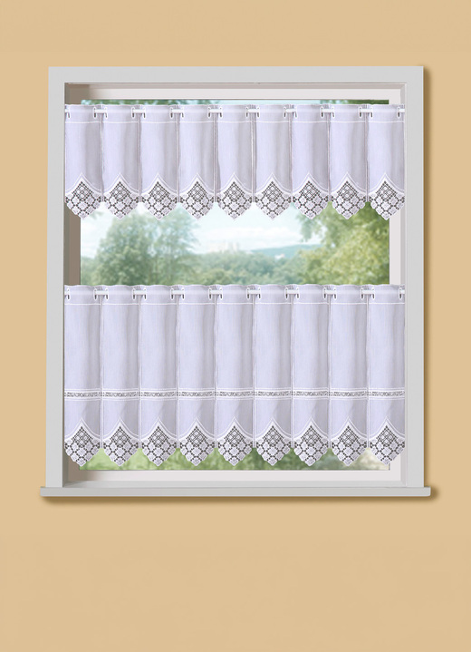 Korta gardiner - Korta persienner med elegant makraméspets och stavgenomdragning, i storlek 661 (H30xB 90 cm) till 861 (H60xW150 cm), i färg VIT Utsikt 1