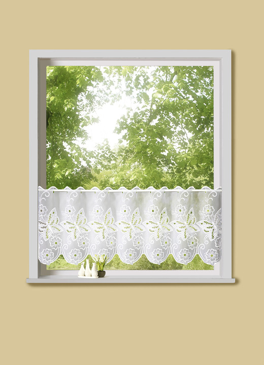 Korta gardiner - Kort gardin med fjärilsmönster, i storlek 746 (H40xB 95 cm) till 828 (H50xB148 cm), i färg VIT