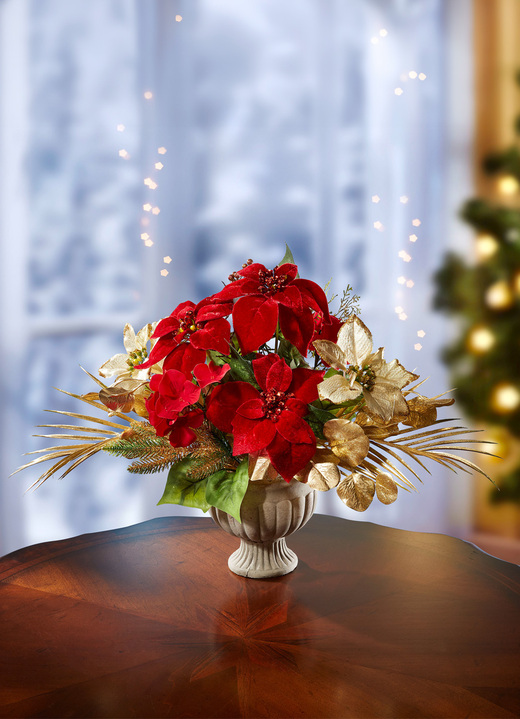 - Julstjärna/hortensia arrangemang i keramisk kopp, i färg RÖD-GULD Utsikt 1